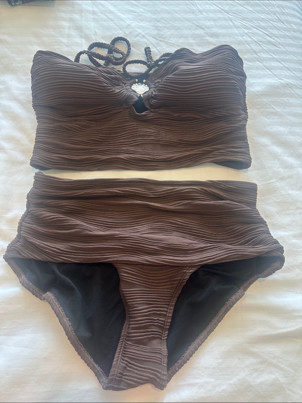 Women’s Brown Textured Two-Piece High-Waist Swim Set